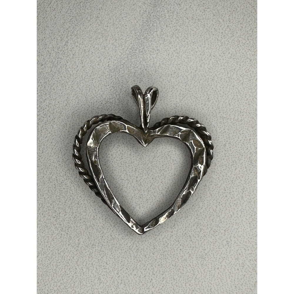 Antique Hammered Silver Open Heart Pendant Twisted Rope Border Romantic Boho